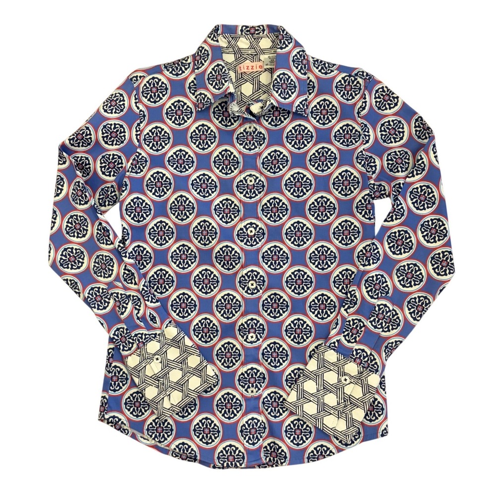Tizzie Rome Button Up Shirt Women XS Medallion Print Cotton Preppy Dizzy Lizzie